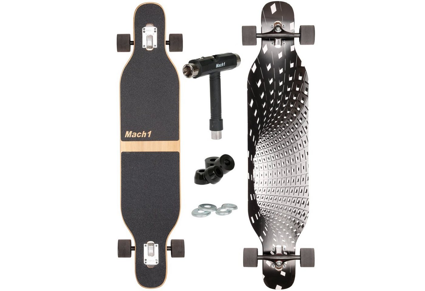 Mach1 Longboard aus Bambus mit Keramik Kugellager - Camber Drop Through Cruiser Board (Spar-Set inkl. T-Tool und extra Bushings, Longboard + T-Tool + 4er Set 85A Bushings), Twin Tip von Mach1