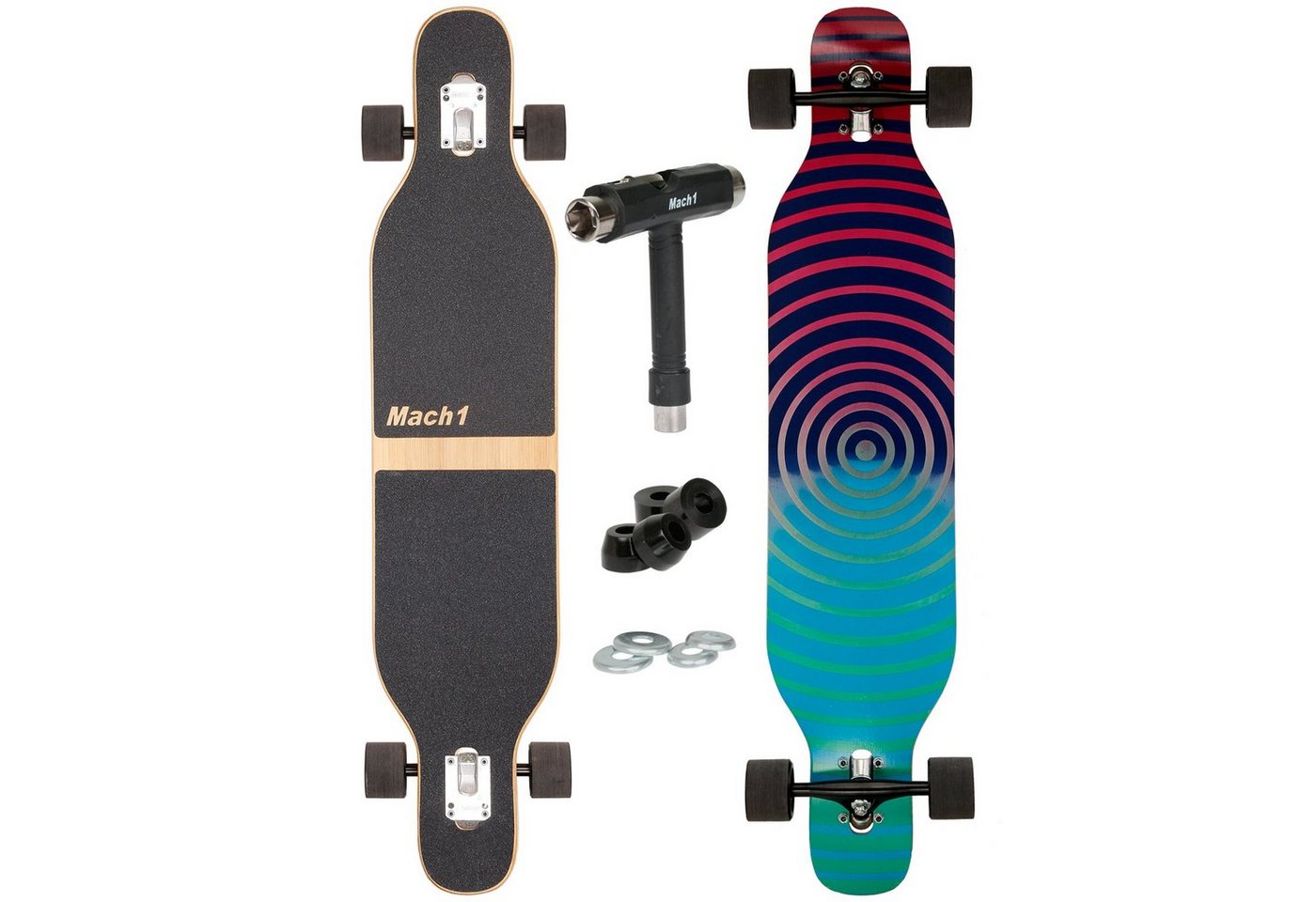 Mach1 Longboard aus Bambus mit Keramik Kugellager - Camber Drop Through Cruiser Board (Spar-Set inkl. T-Tool und extra Bushings, Longboard + T-Tool + 4er Set 85A Bushings), Twin Tip von Mach1