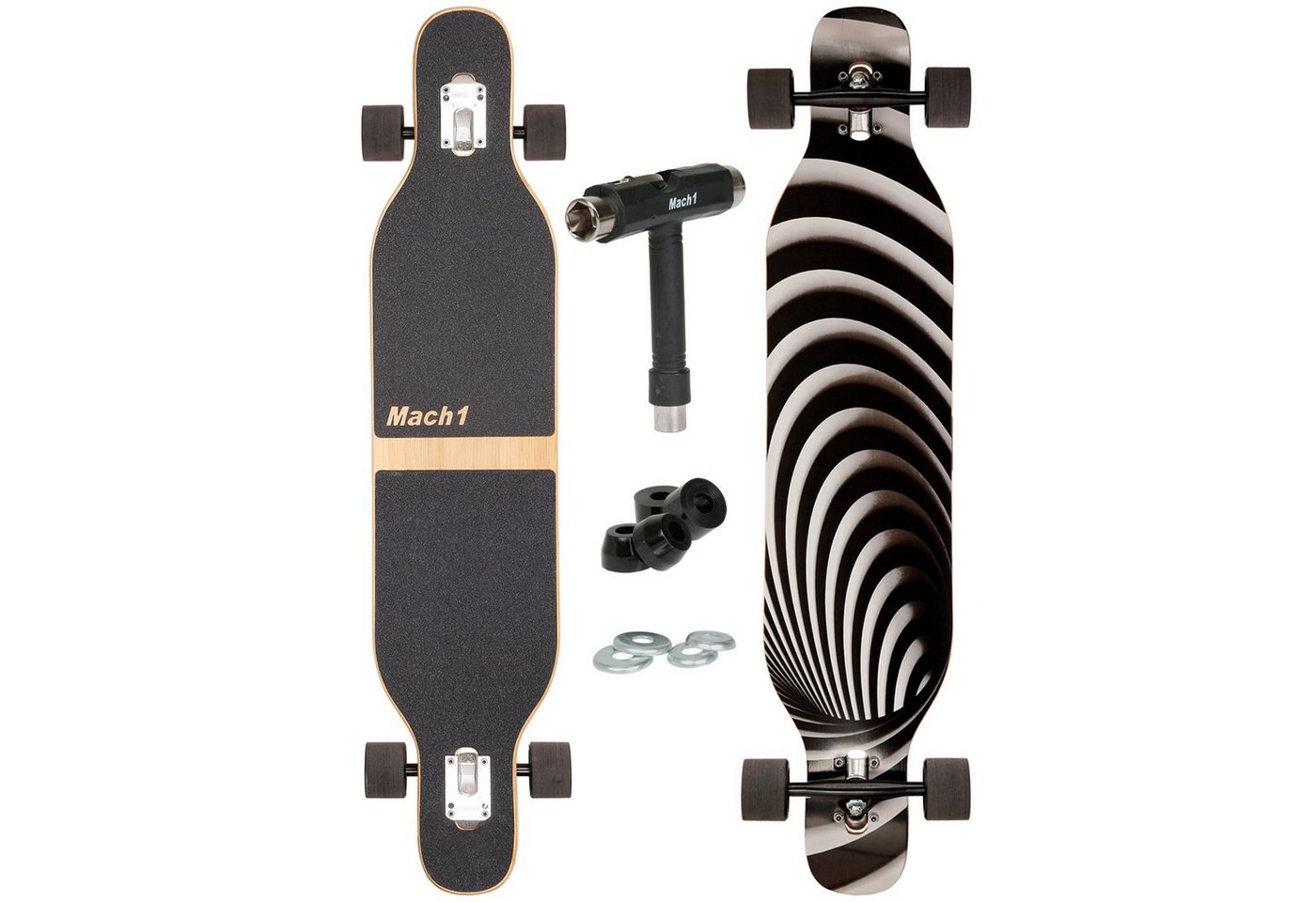 Mach1 Longboard aus Bambus mit Keramik Kugellager - Camber Drop Through Cruiser Board (Spar-Set inkl. T-Tool und extra Bushings, Longboard + T-Tool + 4er Set 85A Bushings), Twin Tip von Mach1