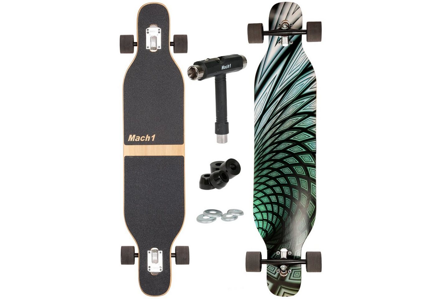 Mach1 Longboard aus Bambus mit Keramik Kugellager - Camber Drop Through Cruiser Board (Spar-Set inkl. T-Tool und extra Bushings, Longboard + T-Tool + 4er Set 85A Bushings), Twin Tip von Mach1