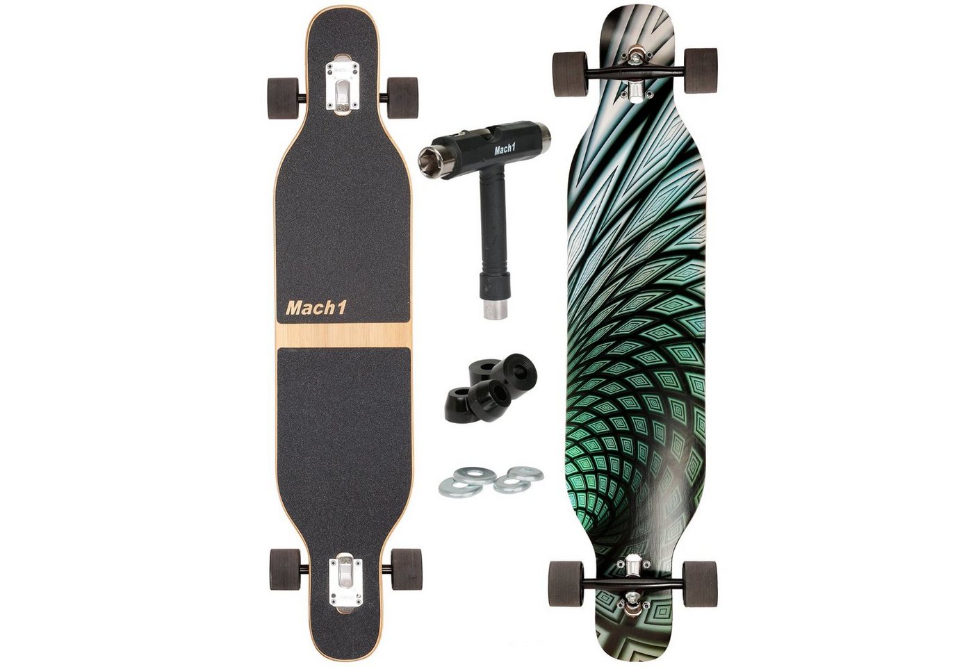 Mach1 Longboard aus Bambus mit Keramik Kugellager - Camber Drop Through Cruiser Board (Spar-Set inkl. T-Tool und extra Bushings, Longboard + T-Tool + 4er Set 85A Bushings), Twin Tip von Mach1