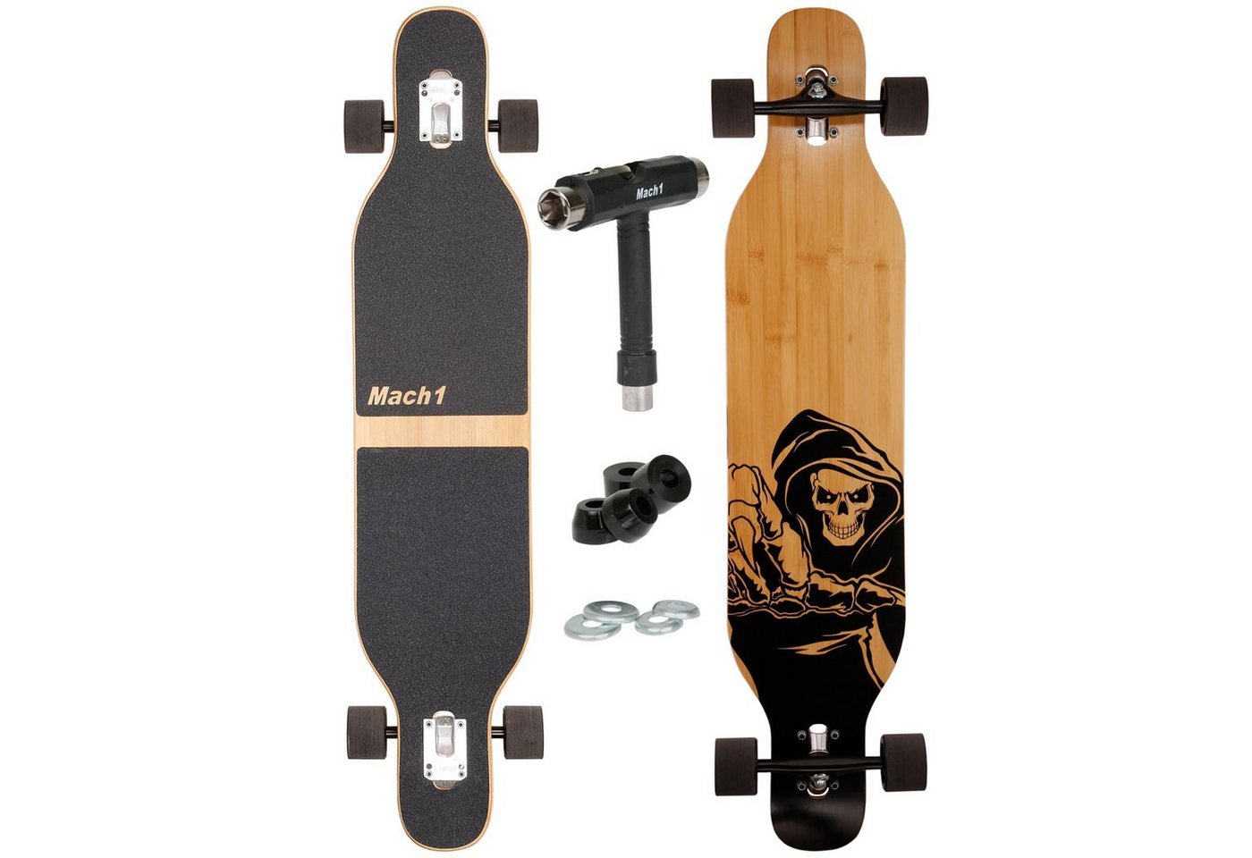 Mach1 Longboard aus Bambus mit Keramik Kugellager - Camber Drop Through Cruiser Board (Spar-Set inkl. T-Tool und extra Bushings, Longboard + T-Tool + 4er Set 85A Bushings), Twin Tip von Mach1