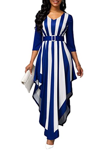 Frauen Kleid V Hals 3/4 Ärmel Vertikale Streifen Unregelmäßige Saumgürtel Lange Partykleid,Blau,L von MakeYown