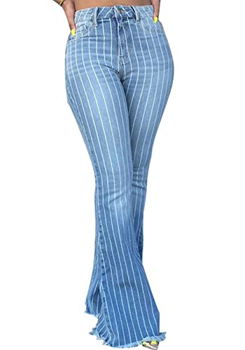 MakeYown Gestreifte Druck Ausgestellte Jeans Für Frauen Hochhaus -Jeanshosen Hosen,Stripe,M von MakeYown