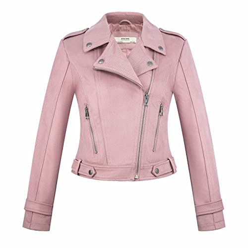 MakeYown Wildlederjacke Frauen Einfache Motorradkleidung kurzer Lederjacke Schlankes Slim Top Slim Top,Rosa,XL von MakeYown