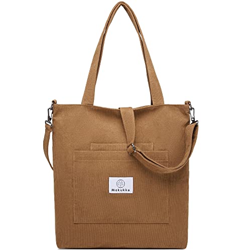 Makukke Cord Tote Bag mit Reißverschluss, Damen Schultertaschen für Büro Schule Einkaufen Reisen, coffee, Medium von Makukke