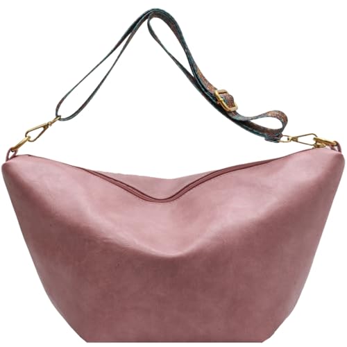 Makukke Umhängetasche Damen Gross PU-Leder Crossbody Bag mit Hobo Breiter Gurt Vintage Schultertasche Beuteltasche für Büro Arbeit Reisen Ausflug Einkauf,Rosa Tasche von Makukke