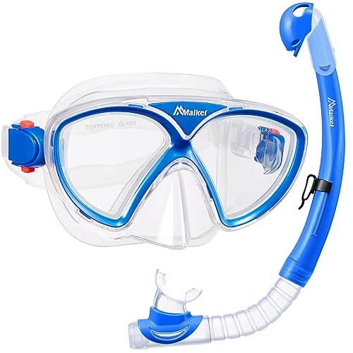 Malker Schnorchelset Kinder Taucherbrille Dry Schnorchel Schnorcheln Set mit Gehärtetem Glas Anti-Leck Anti-Fog Tauchmasken ür Kinder Jungen Mädchen Klares Blau von Malker