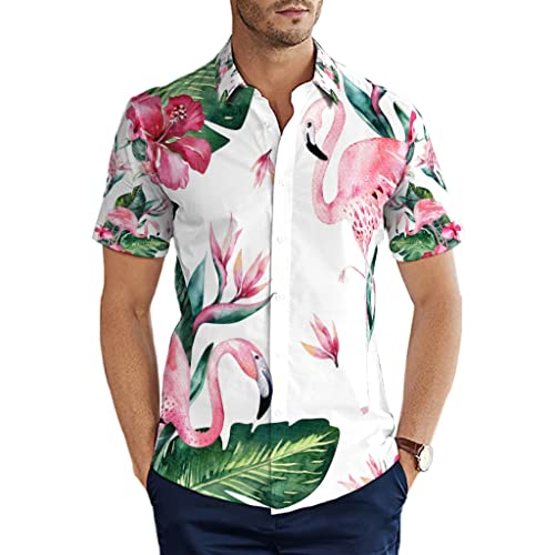 Man29goA Herren Hemd Tropische Blätter Hibiskus Flamingo Hawaii Hemd Funky Kurzarmhemden für Strand Kreuzfahrten Grillen Multicolor L von Man29goA