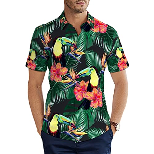 Man29goA Herren Männer Hemd Tropischer Blumen Vogel Palme Hibiskus Tukan Hawaii Hemd Funky Kurzarm Sommerhemd für Strand Party Urlaub Multicolor L von Man29goA
