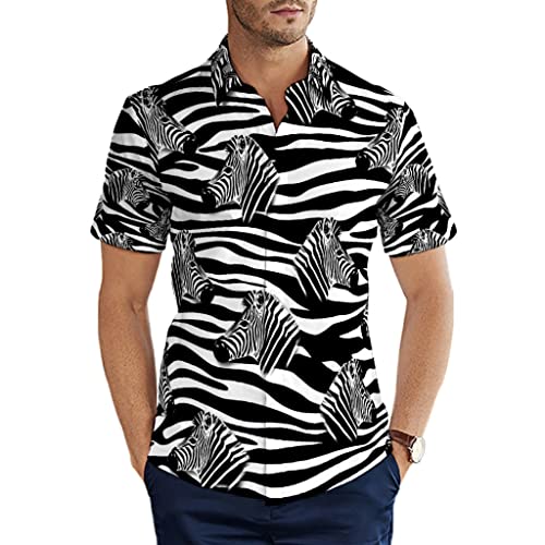 Man29goA Herren Männer Hemd Zebra Tiere weiß schwarz Textur Hawaii Hemd Regular Fit Kurzarmhemden für Strand Kreuzfahrten Grillen Multicolor 5X-Large von Man29goA
