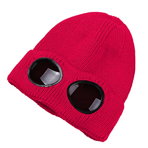 Unisex Woll-Strickmütze mit Schutzbrille, warme Wintermütze für Herbst und draußen, Sportmütze, modisch, für drinnen und draußen, schützt vor Hitze und Kälte Einheitsgröße rot von MansWill