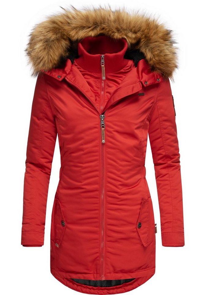 Marikoo Wintermantel Sanakoo schicker Damen Kurzmantel mit Kunstfellkapuze von Marikoo