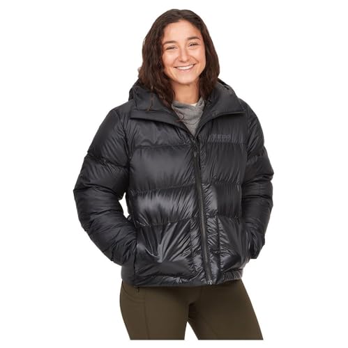 Marmot Damen Wm's Guides Down Hoody, Leichte Daunenjacke, warme Winterjacke, wasserabweisende Steppjacke, winddichte Funktionsjacke, klein packbare Outdoorjacke mit Kapuze, Black, XL von Marmot