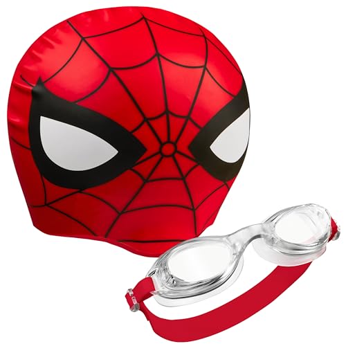Marvel Badekappe & Schwimmbrille Kinder Set, UV-Schutz, Anti-Beschlag - Avengers & Spiderman Geschenke für Jungs (Rot Spiderman, 3-6 Jahre) von Marvel