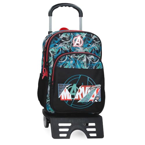 Marvel Joumma Shield Schulrucksack mit Trolley, Schwarz, 30 x 40 x 13 cm, Polyester, 15,6 l, Schwarz, Schulrucksack mit Trolley von Marvel