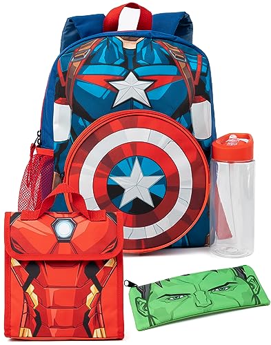 Marvel Jungen Rucksack | Captain America 4-teiliges Schulranzen-Set mit Lunchtasche, Federmäppchen, Trinkflasche | Avengers Merch | Mehrere Fächer für Schule und Spiel | Strapazierfähiges Material von Marvel