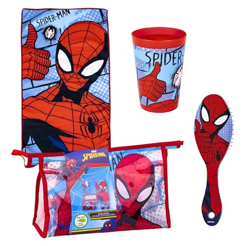 Marvel Spiderman Kulturbeutel für Jungen, Kinder-Kulturbeutel im Avengers Design, Inklusive Becher, Haarbürste, Handtuch, Geldbörse, PVC-frei von Marvel