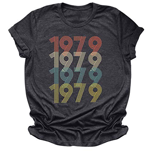 1979 Anniversary T-Shirt Frauen Tops Casual Letters Print Geburtstagshirt O-Neck Kurzarm T-Shirt Tunika Bluse (M,Dunkelgrau) von Masrin
