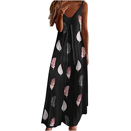 A-Linie Kleid Damen Sommerkleid Lässiges Maxikleid mit Federdruck Ärmelloses Trägerkleid mit V-Ausschnitt Urlaub Strandkleid Batik Kleider Freizeitkleid Partykleid Skaterkleid Sonnenkleid von Masrin