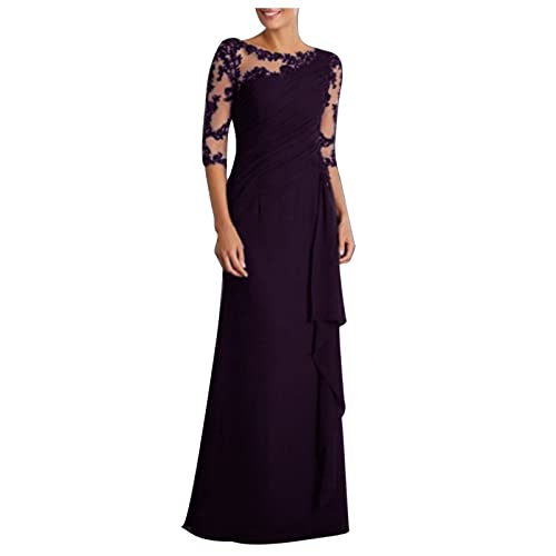 Abendkleid Damen Elegantes Floraler Spitze Patchwork Cocktailkleid Rundhals Mittleren Ärmeln Ballkleid Bodenlanges langes Maxikleid Partykleid mit Rüschensaum Einfarbig Brautkleid Hochzeitskleid von Masrin