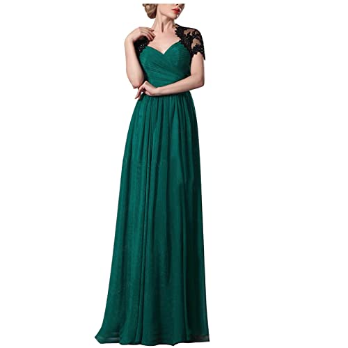 Abendkleid Damen Elegantes Floraler Spitze Patchwork Cocktailkleid Rundhals Mittleren Ärmeln Ballkleid Bodenlanges langes Maxikleid Partykleid mit Rüschensaum Einfarbig Brautkleid Hochzeitskleid von Masrin