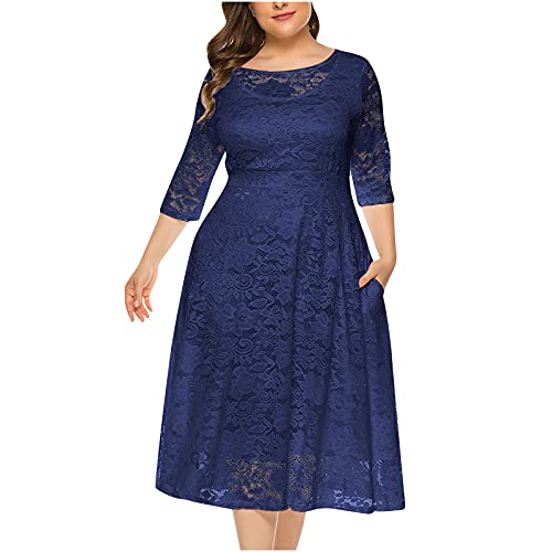 Abendkleid Damen Elegantes modisches Kleid mit ausgehöhlten Spitze Nähten Einfarbiges Partykleid Halbarm Ballkleid mit Rundhalsausschnitt Cocktailkleid in Übergröße Knöchellanges Maxikleid von Masrin