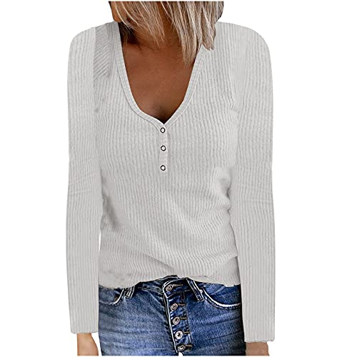 Bluse Damen Modische einfarbige gerippte Oberteile Langarm Pullover mit V Ausschnitt und Knopf Basic Hemdtunika Herbst Langarmshirts von Masrin