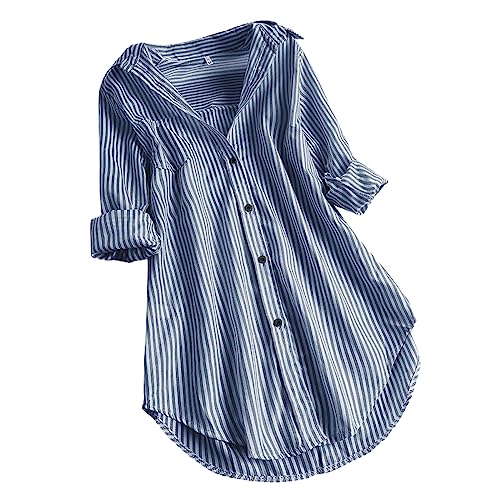 Bluse Damen Modisches Gestreiftem Druck Langarmshirt Umlegekragen Langen Ärmeln Oberteile Button Down Hemden Übergroße Hemdbluse Unregelmäßigem Saum Tunika Tops Plus Size Locker Blusentops S-5XL von Masrin