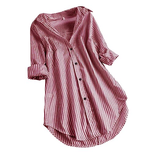 Bluse Damen Modisches Gestreiftem Druck Langarmshirt Umlegekragen Langen Ärmeln Oberteile Button Down Hemden Übergroße Hemdbluse Unregelmäßigem Saum Tunika Tops Plus Size Locker Blusentops S-5XL von Masrin