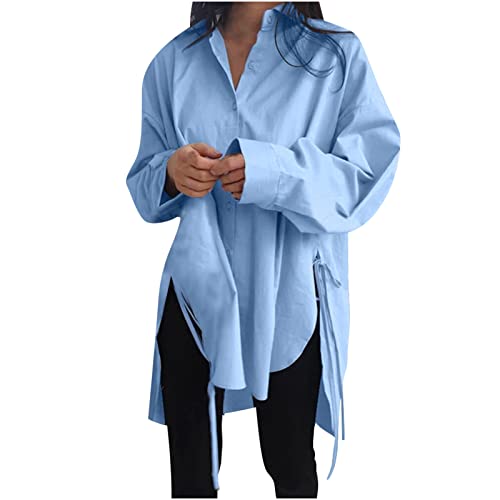 Bluse Damen Oversize Freizeithemd Einfarbiges Longshirt Revers Langarm Blusentops Großen Größen Hemd Tops Asymmetrisches Saum Vorne hinten Hemd Seitlichem Schlitz Urlaubshemd mit Schnürung S-5XL von Masrin