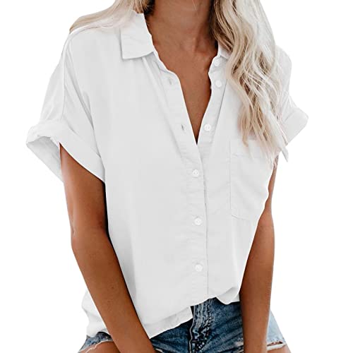 Bluse Damen Sommer Kurzarm Tops mit Tasche Modisches einfarbiges Hemd Oberteile Kurzärmlige Hemdbluse mit Revers Bluse mit Knöpfen vorne offen Blusentops Blusenshirt Shirtbluse S-3XL von Masrin