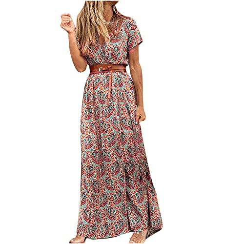 Boho Maxikleid Damen Kleider Modisches Blumendruck Sommerkleid Kurzärmliges Kleid in A-Linie mit V-Ausschnitt Knöchellanges Skaterkleid mit Gürtel Urlaubskleid Partykleid Strandkleid Für Frauen von Masrin