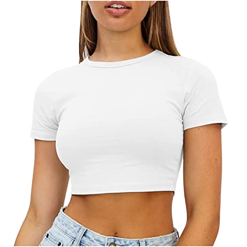 Crop Tops Damen Kurze Bauchfreies Oberteile Sexy einfarbige Bauchnabel T-Shirt Kurzärmliges Basic Shirt mit Rundhalsausschnitt Sommer Tops Heiße Mädchen Tanz Shirt Sportshirt Laufshirt von Masrin