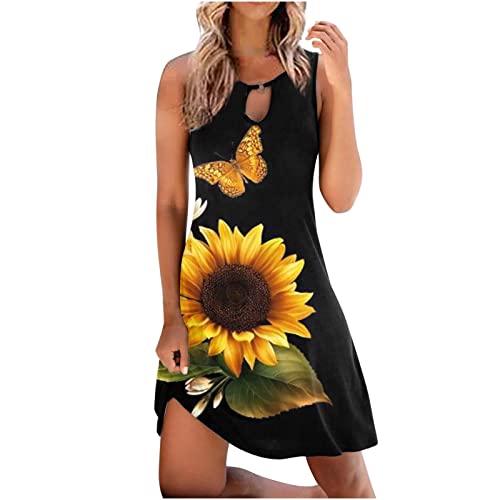 Damen A-Linie Kleider Minikleid Sommerliches Sommerkleid mit Sonnenblume muster O-Ausschnitt Aushöhlen Ärmellos Panzerkleid Schlankes Wickelkleid Skaterkleid Hemdkleid Cocktailkleid Sonnenkleid von Masrin