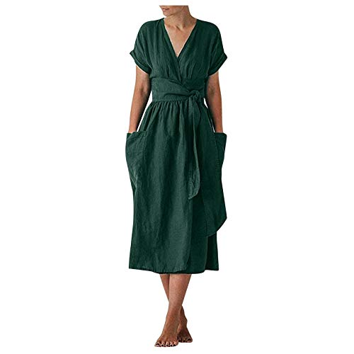 Damen Baumwoll Leinen Langes Kleid Lässig Einfarbig Kreuz V-Ausschnitt Kurzarm Kleid mit Taschen und Gürtel(L,Grün) von Masrin