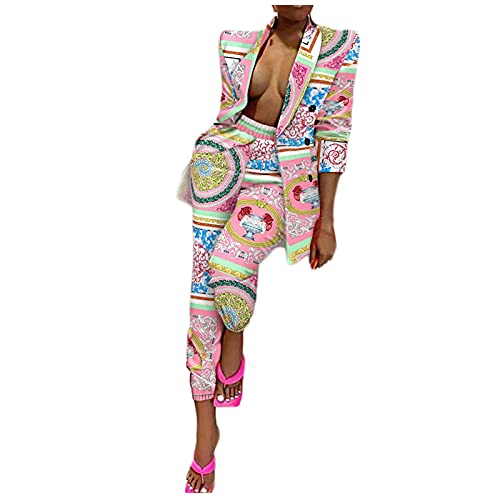 Damen Blazer Zweiteiler Fashion Leopard Blumendruck Anzug Set Langarm Anzugjacke mit Revers + Hose mit elastischer Taille und hoher Taille Business Casual Anzug Partykleidung von Masrin
