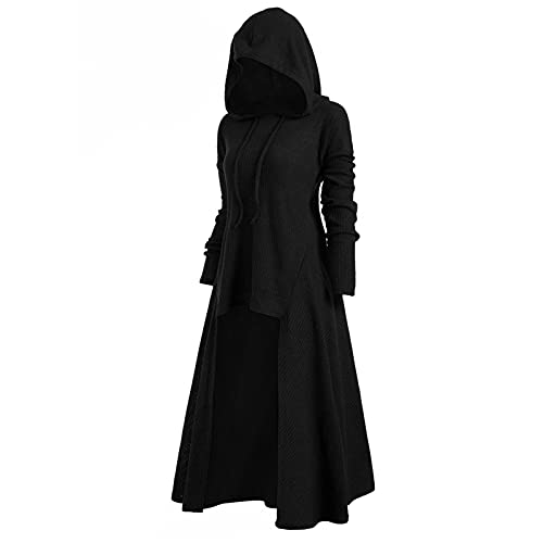 Damen Mantel Retro einfarbiger Hoodie Pullover Langarm-Schnür Mantel Großes, lockeres, knöchellanges langes Kleid(L,Schwarz) von Masrin