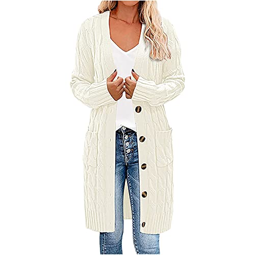 Damen Pullover Strickjacke Lässige einfarbige Lange Bluse mit Taschen Knopfleiste vorne offen Herbst Winter Dicke Oberbekleidung Langärmlige schmale Jacke von Masrin