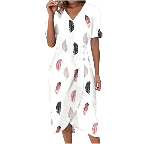 Damen Sommerkleid V-Ausschnitt Rüschenärmeln A-Linien Kleid Lässiges Blumendruck Midikleid Überkreuztes Wickelkleid mit Knopf Schmales Freizeitkleid Kurzärmliges Sonnenkleid Urlaubs Strandkleid von Masrin