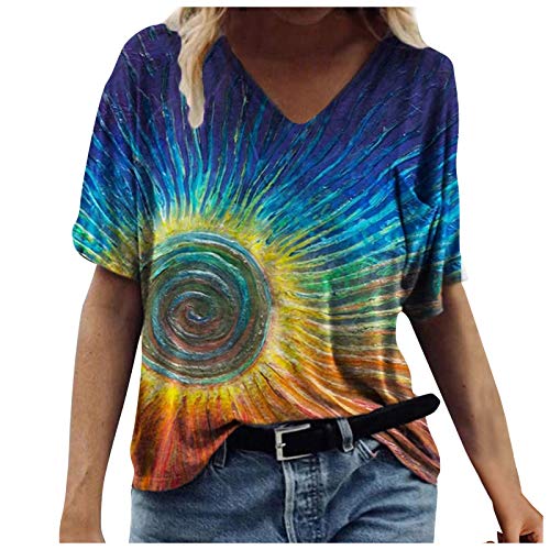 Damen T-Shirt Frühling Sommer Szenische Blumen Tiermotiv Tops Bunte 3D-gedruckte Pullover Casual Kurzarm V-Ausschnitt Tunika Vintage T-Shirt Bluse(M,Blau) von Masrin