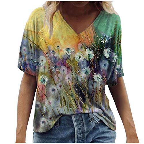 Damen T-Shirt Frühling Sommer Szenische Blumen Tiermotiv Tops Bunte 3D-gedruckte Pullover Casual Kurzarm V-Ausschnitt Tunika Vintage T-Shirt Bluse(M,Gelb5) von Masrin