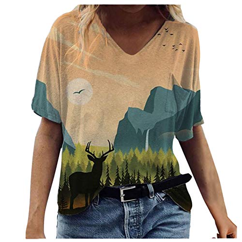 Damen T-Shirt Frühling Sommer Szenische Blumen Tiermotiv Tops Bunte 3D-gedruckte Pullover Casual Kurzarm V-Ausschnitt Tunika Vintage T-Shirt Bluse(XL,Gelb4) von Masrin