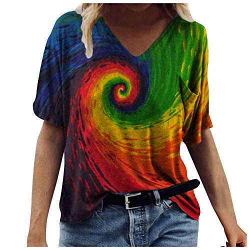 Damen T-Shirt Frühling Sommer Szenische Blumen Tiermotiv Tops Bunte 3D-gedruckte Pullover Casual Kurzarm V-Ausschnitt Tunika Vintage T-Shirt Bluse(XL,Orange) von Masrin