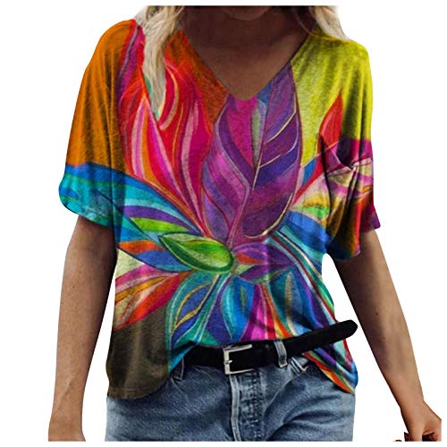 Damen T-Shirt Frühling Sommer Szenische Blumen Tiermotiv Tops Bunte 3D-gedruckte Pullover Casual Kurzarm V-Ausschnitt Tunika Vintage T-Shirt Bluse(XL,Rot) von Masrin