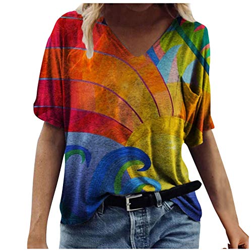 Damen T-Shirt Frühling Sommer Szenische Blumen Tiermotiv Tops Bunte 3D-gedruckte Pullover Casual Kurzarm V-Ausschnitt Tunika Vintage T-Shirt Bluse(XXXL,Gelb) von Masrin