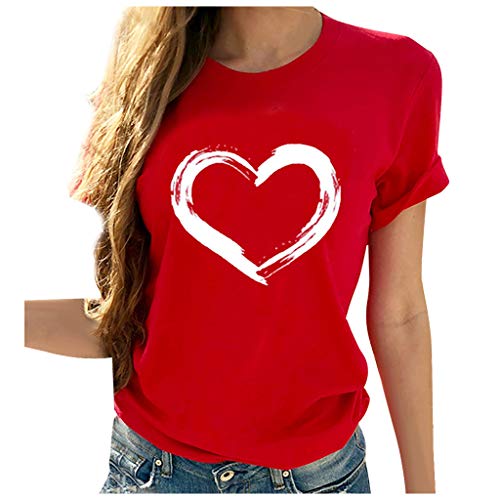 Damen T-Shirt Lässig Herzförmige Print Tank Tops Kurzarm Tunika Bluse mit O-Ausschnitt (M,Rot) von Masrin