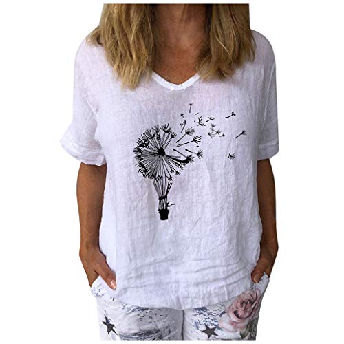 Damen Tops Casual Kurzarm Löwenzahn Bedrucktes T-Shirt V-Ausschnitt Baumwolle Leinen Lose Tunika Bluse (L,Weiß) von Masrin