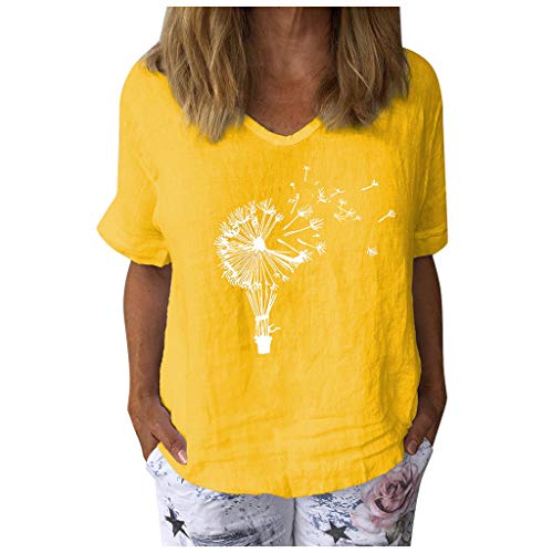 Damen Tops Casual Kurzarm Löwenzahn Bedrucktes T-Shirt V-Ausschnitt Baumwolle Leinen Lose Tunika Bluse (S,Gelb) von Masrin