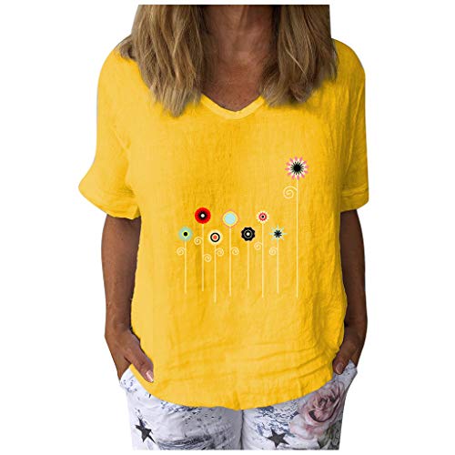 Damen Tops Casual Kurzarm T-Shirt mit Blumenmuster V-Ausschnitt Baumwolle Leinen Lose Tunika Bluse(L,Gelb) von Masrin